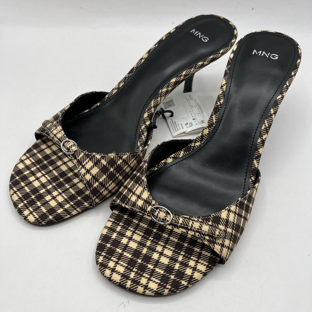 MANGO MNG Sandalia Peep Toe Kitten Heel CHECKERED SANDALS Brown Beige TRIED ON - Picture 2 of 10